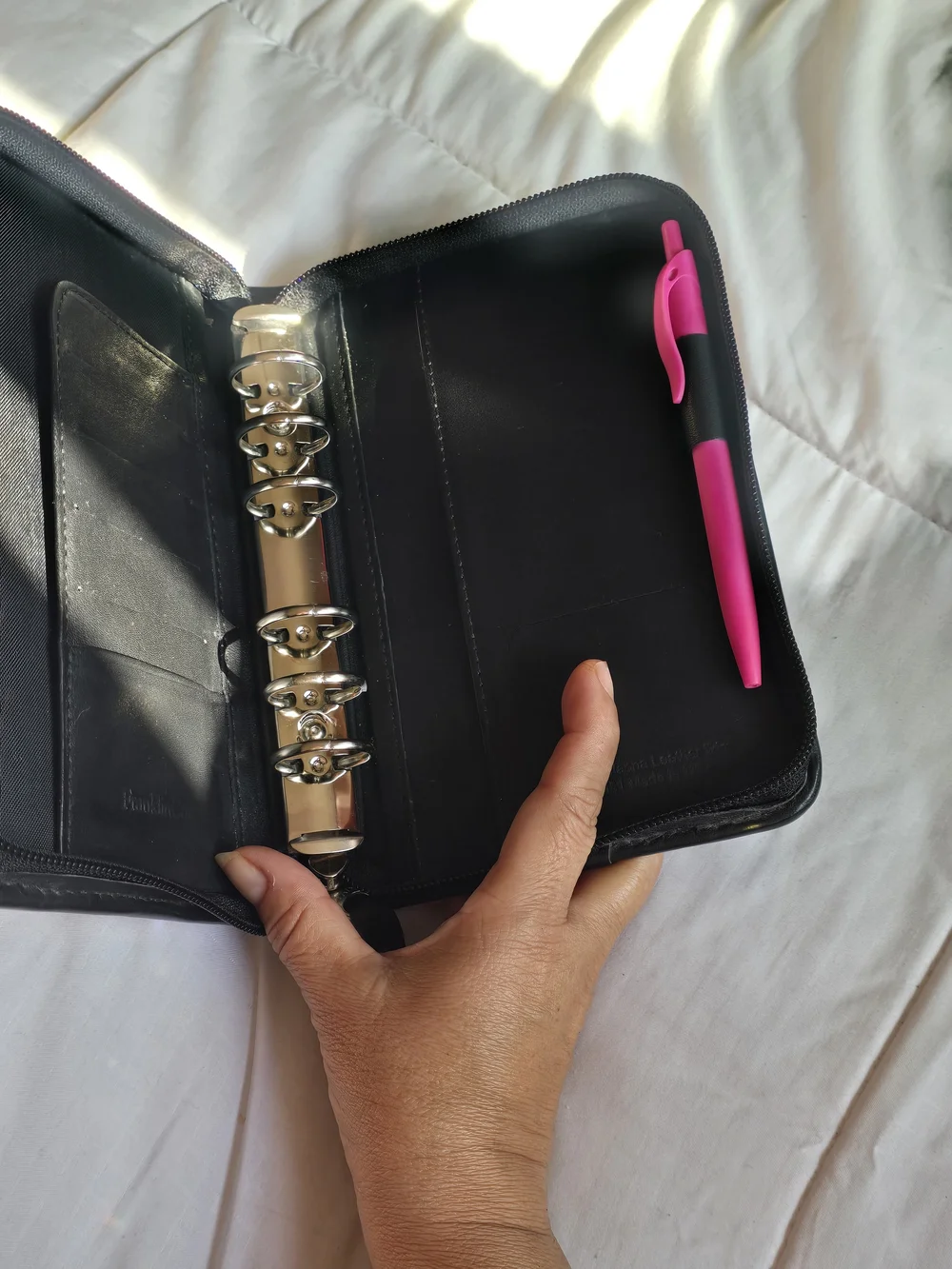 Black Leather Organizer with Floral Tapestry Panel